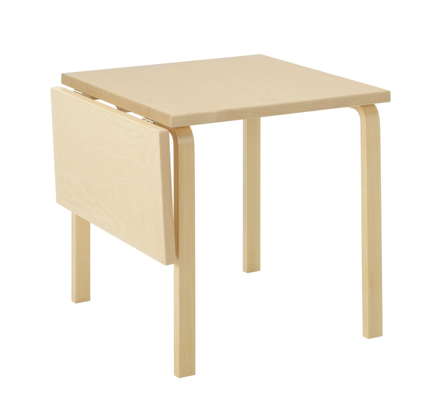 Aalto Klapptisch von Artek, aus Birkenholz, mit einer heruntergeklappten Tischhälfte.