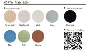MARTA Tisch: Materialübersicht für Holztisch mit verschiedenen Farben und Oberflächen, inklusive Holz und Laminat.