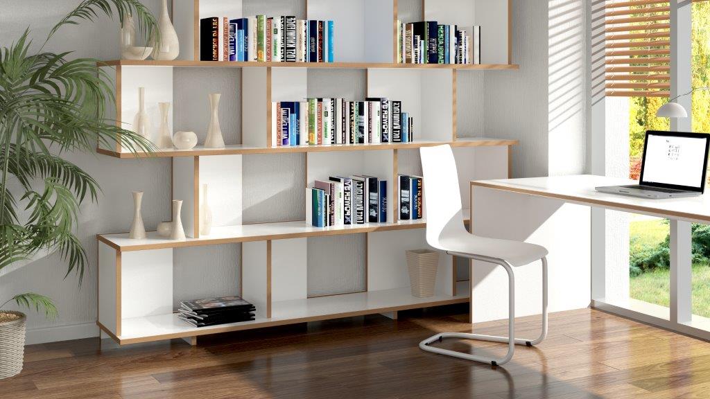 Weißer Tojo Stuhl vor Bücherregal und Schreibtisch, modernes Möbeldesign für Büro und Wohnzimmer.