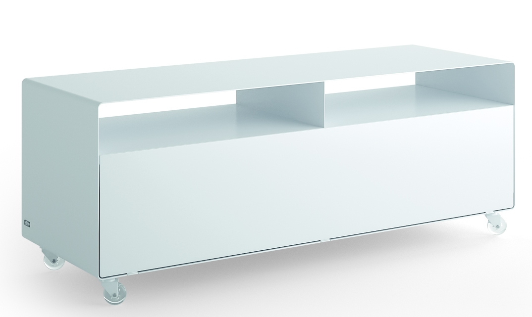 Weißes R109N Sideboard von Müller Möbelfabrikation mit Rollen. Modernes Möbelstück für Wohnzimmer und Büro.
