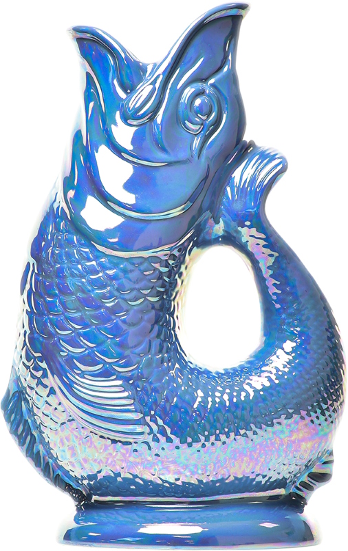 Gluckigluck Karaffe in Blau: Keramik Wasserkrug in Fischform mit schimmerndem Finish.
