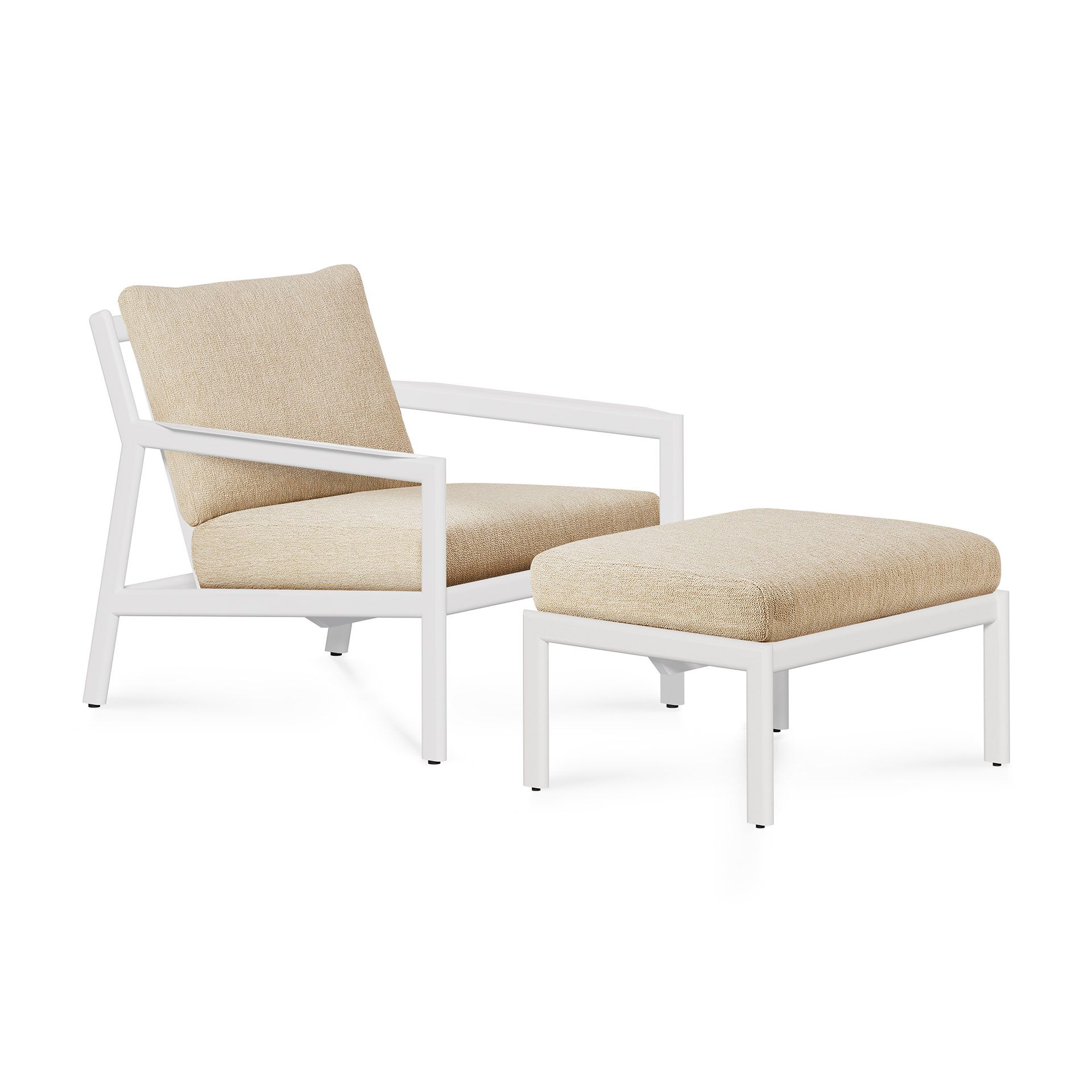 Jack Outdoor Fußhocker von Ethnicraft: Weißes Aluminiumgestell mit beiger Polsterung für Garten und Terrasse.