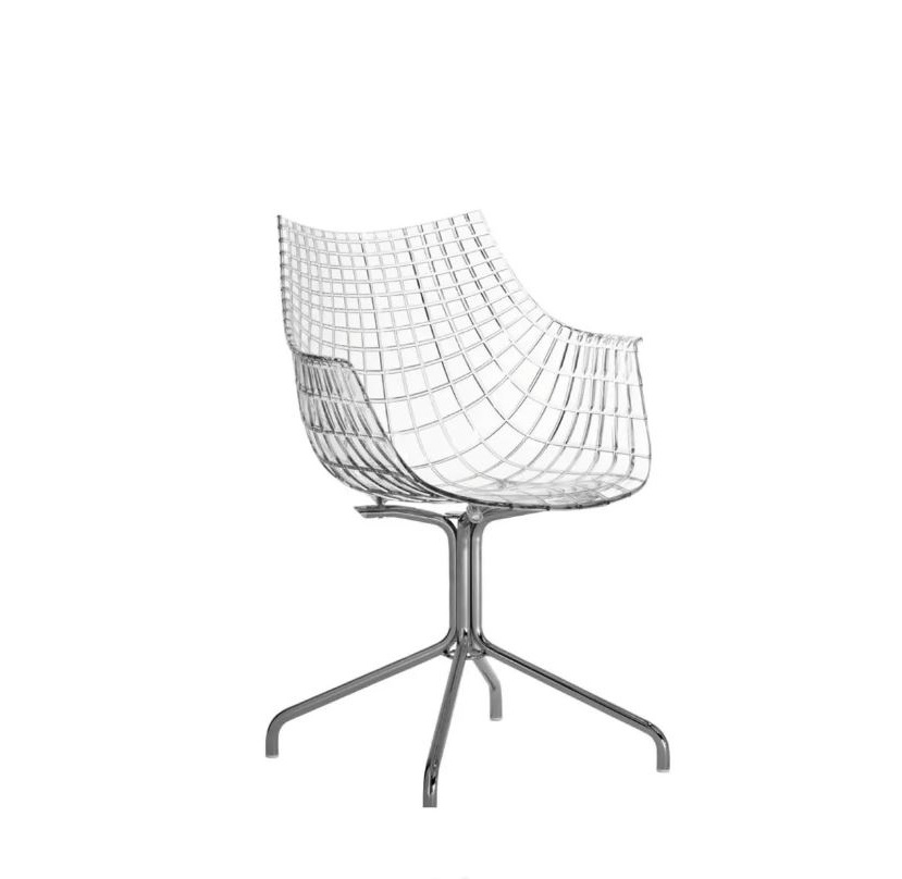 Meridiana Chair: Transparenter Design Armlehnenstuhl mit Viersternfuß aus verchromtem Stahl. Moderner Stuhl für Wohnzimmer.