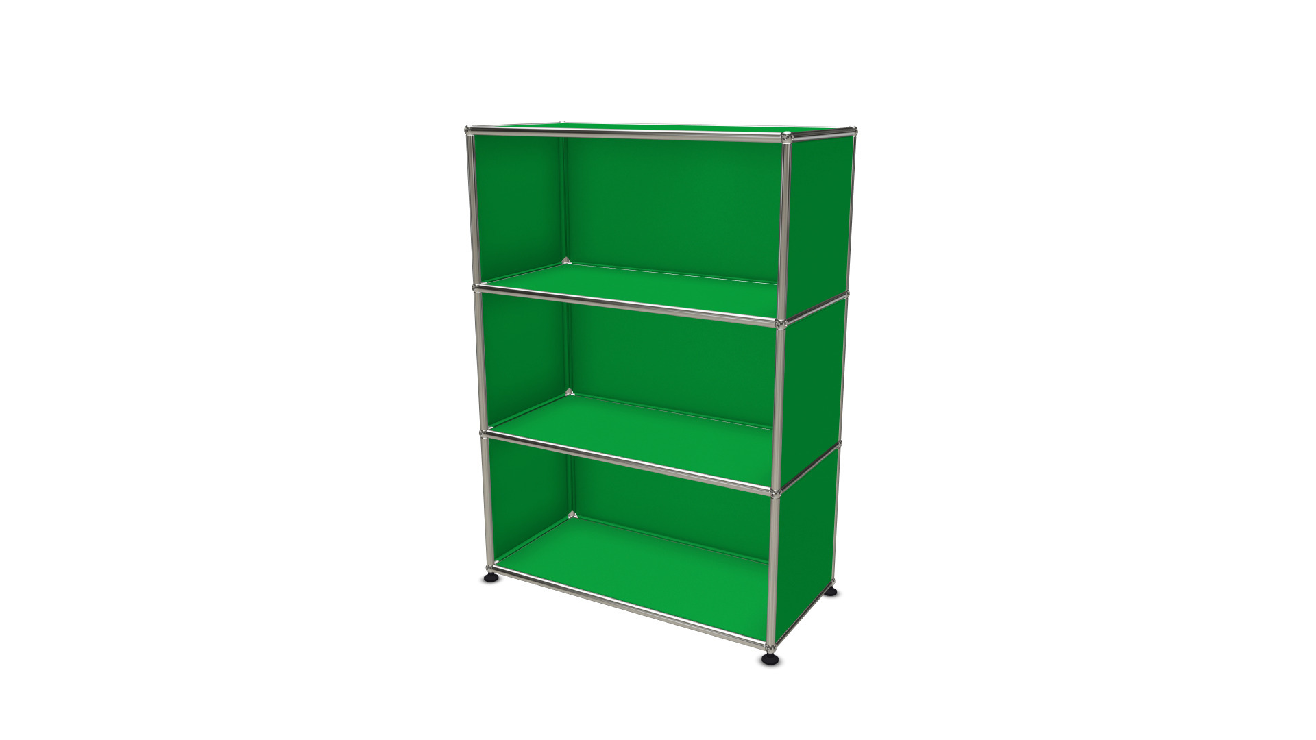 USM Haller Regal in Grün mit drei offenen Fächern und verchromtem Gestell.