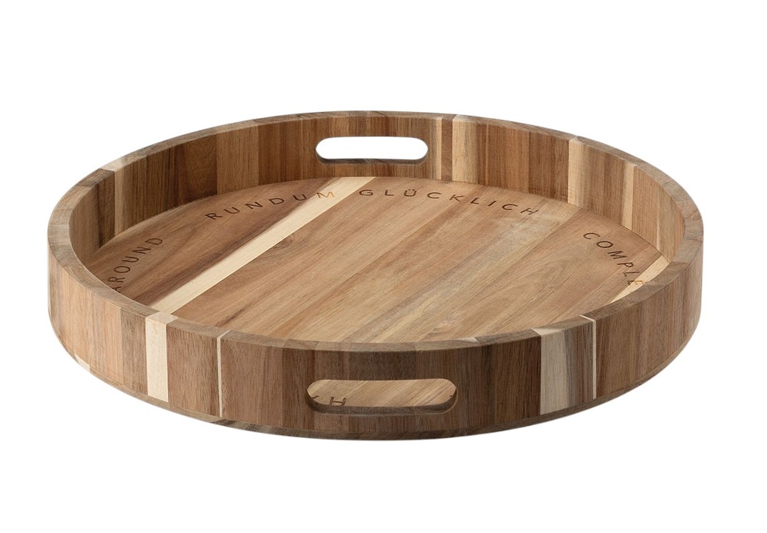 Rundes Holztablett "Rundum Glücklich" mit Tragegriffen, ideal als Serviertablett oder Dekotablett.