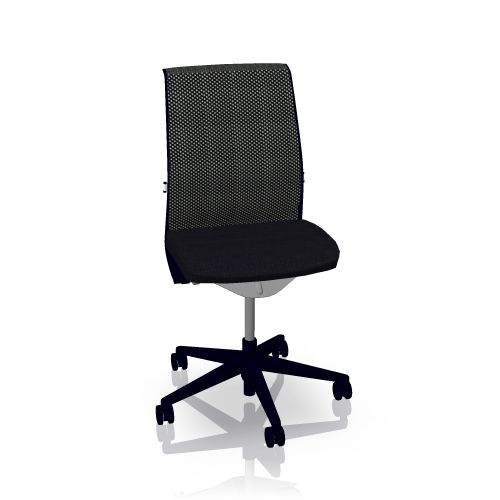 Think Drehstuhl von Steelcase mit schwarzem Sitz und atmungsaktiver 3D-Rückenlehne für ergonomisches Sitzen.
