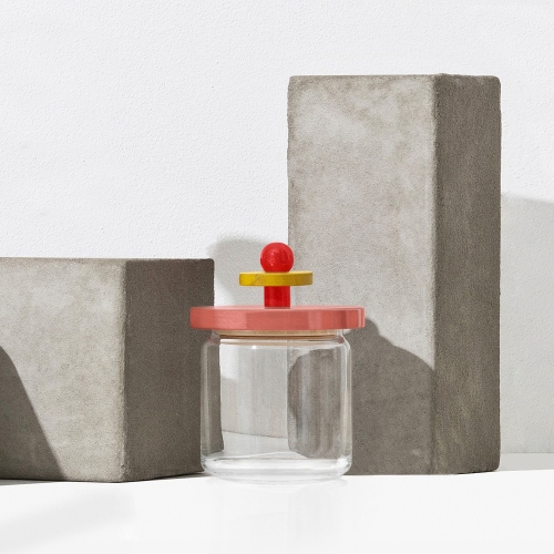 Alessi Küchendose ES16/75 mit gelbem, rotem und rosa Deckel. Vorratsdose aus Glas für die Küche.