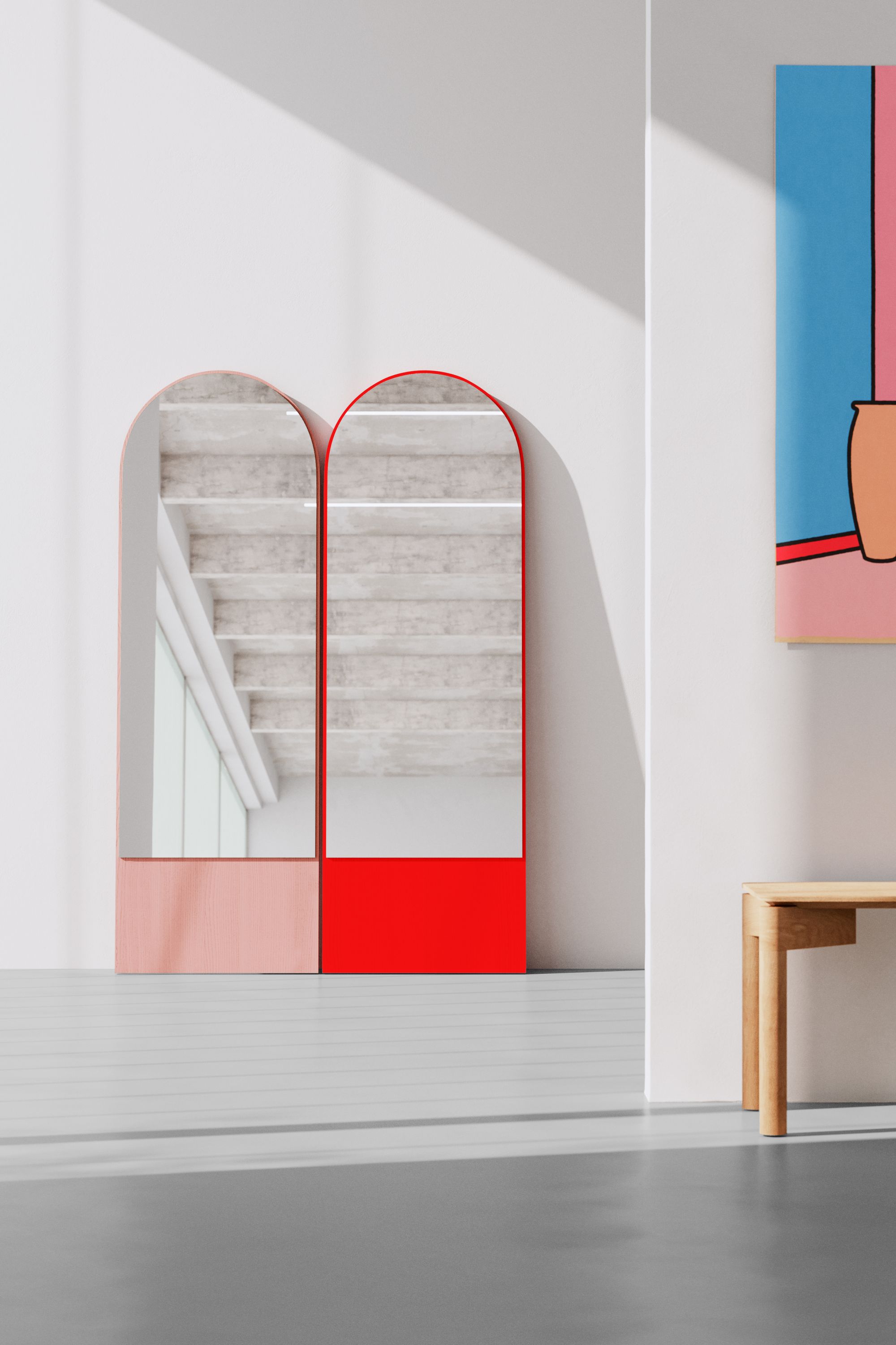 Zwei FRIEDRICH Spiegel in Esche, einer rot, einer rosa, moderne Raumgestaltung, Deko Spiegel.