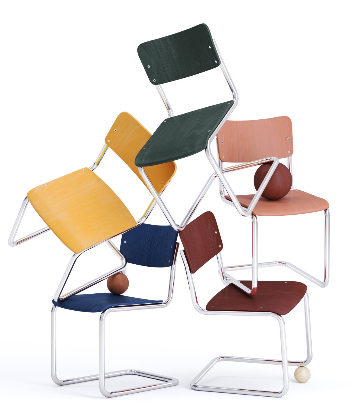 Gestapelte Thonet S 43 K Kinderstühle Freischwinger in verschiedenen Farben mit Chromgestell und Holzsitzflächen.