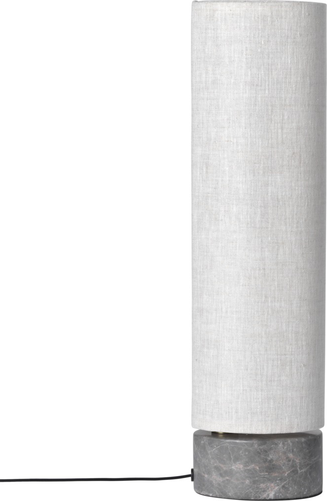 Gubi Unbound Stehleuchte mit zylindrischem Lampenschirm aus Leinen und grauem Marmorfuß, modernes Design.