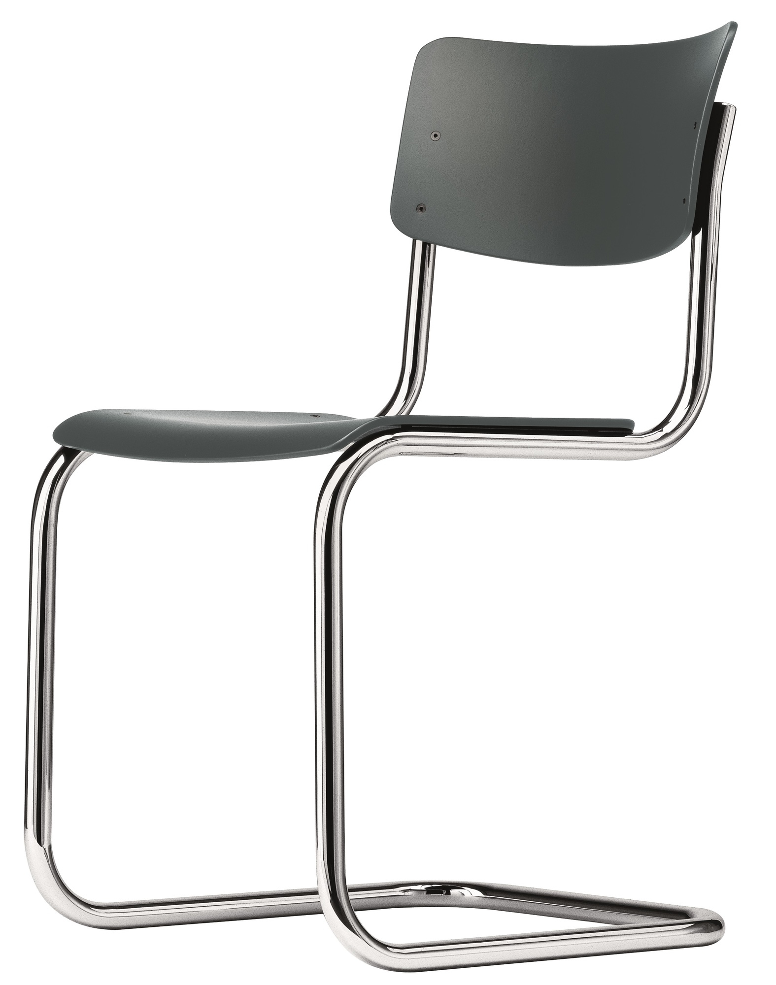 Bild eines grauen Thonet S 43 Stahlrohr Freischwinger Stuhls mit verchromtem Gestell. Designklassiker für Esszimmer und Büro.