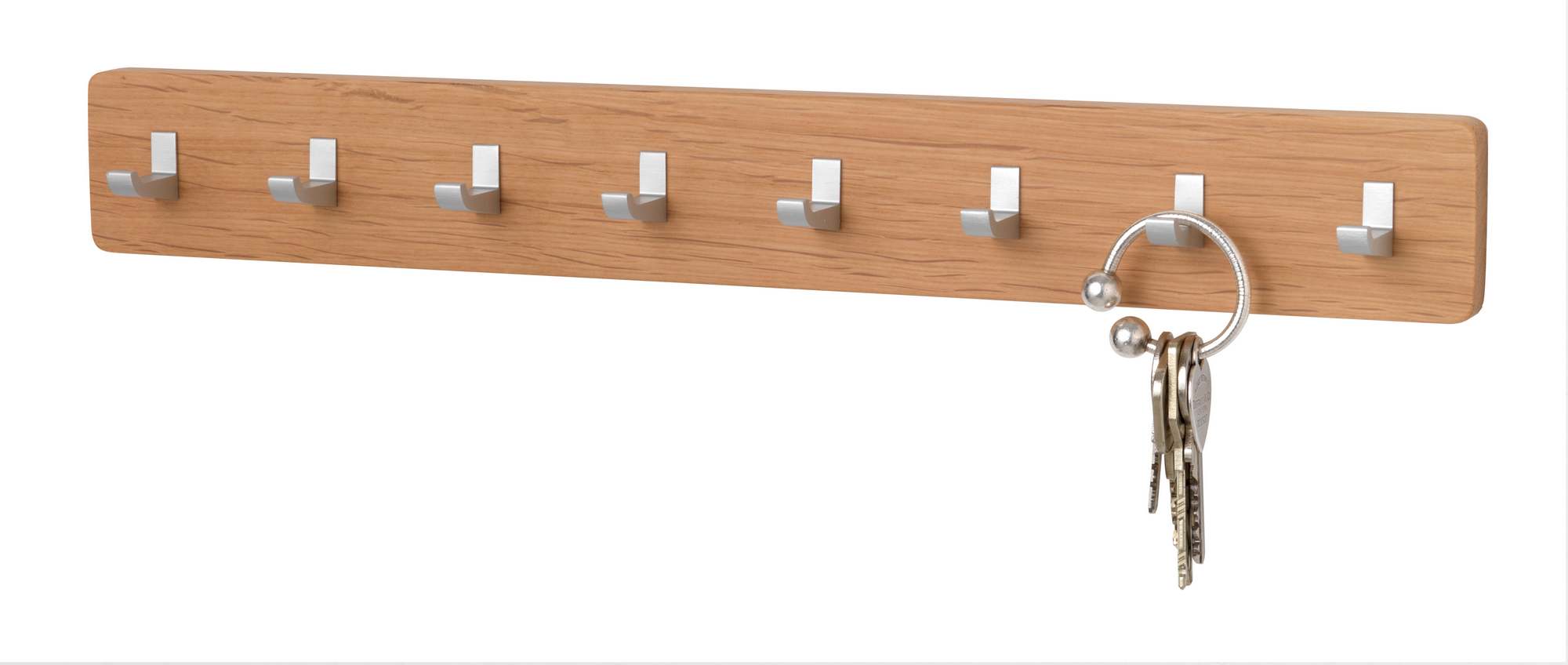 Schönbuch Key Bar Schlüsselhakenleiste aus Holz mit silbernen Haken und Schlüsselbund.