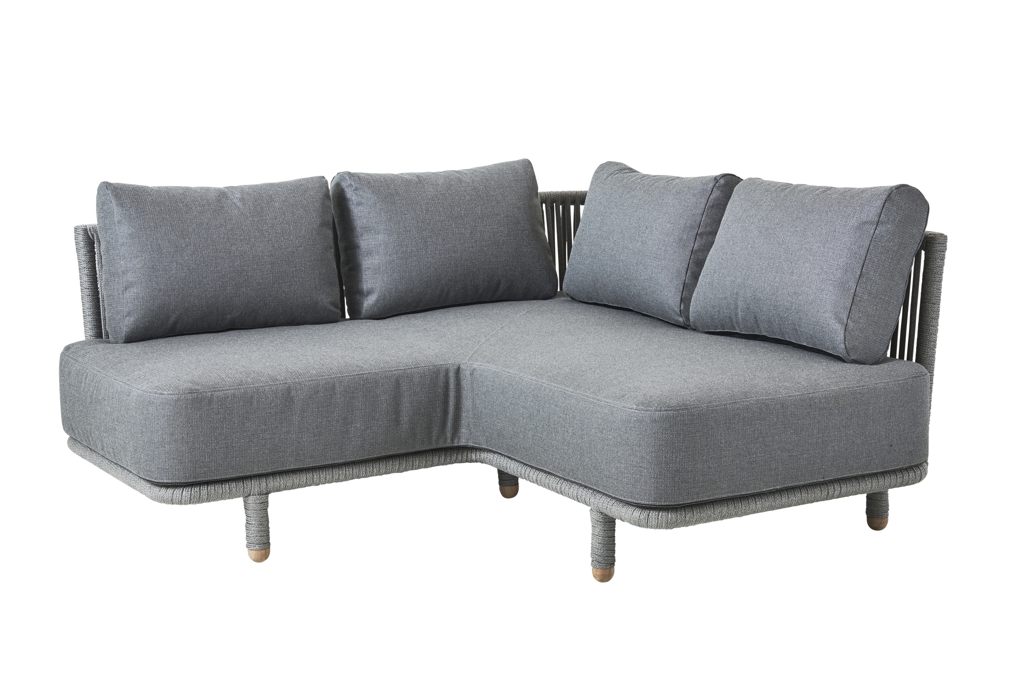 Graues Cane-Line Moments Outdoor Sofa Eckmodul mit Kissen für Garten und Terrasse.