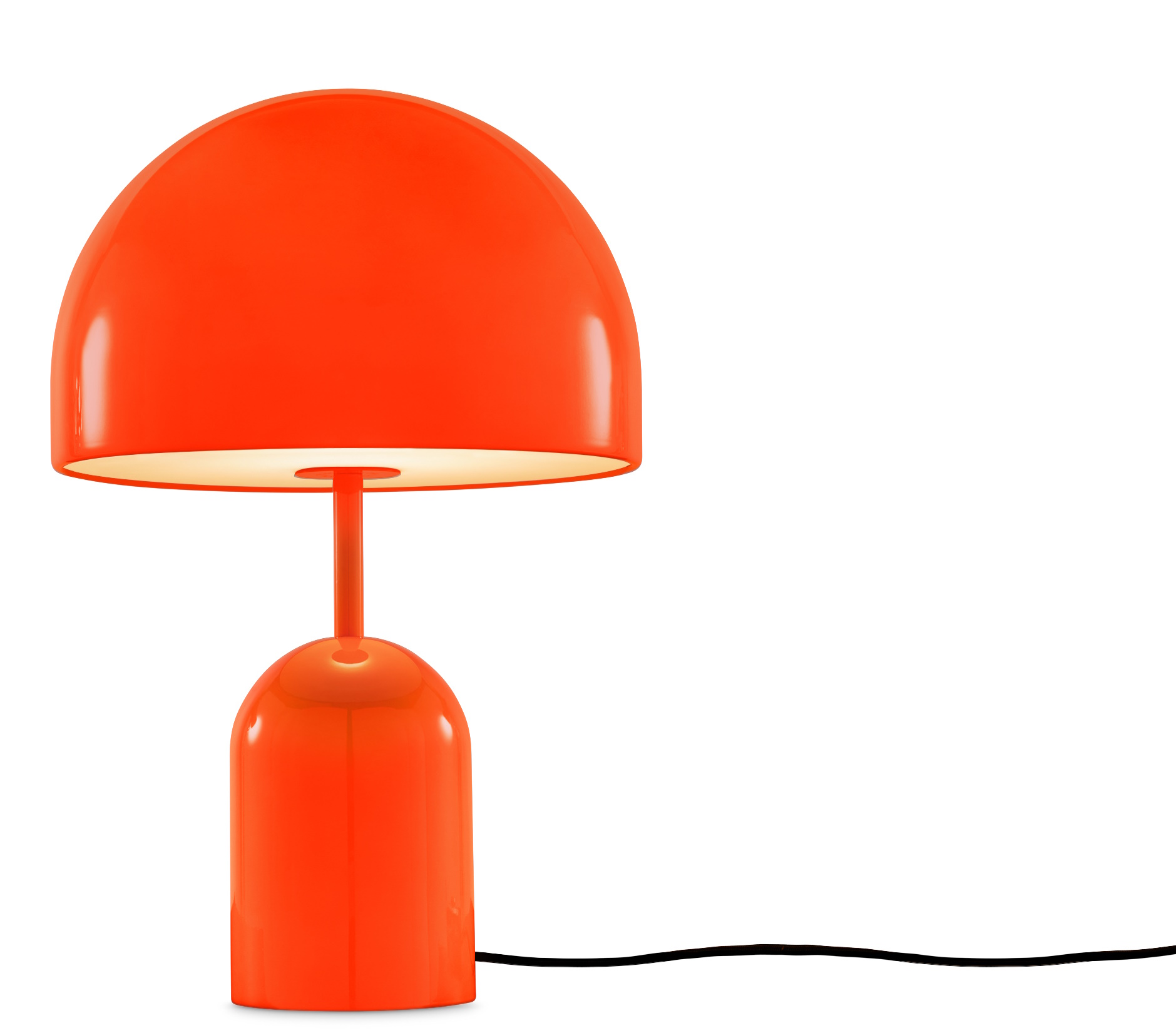 Orangefarbene Bell Tischleuchte von Tom Dixon mit LED-Beleuchtung für modernes Wohnambiente.