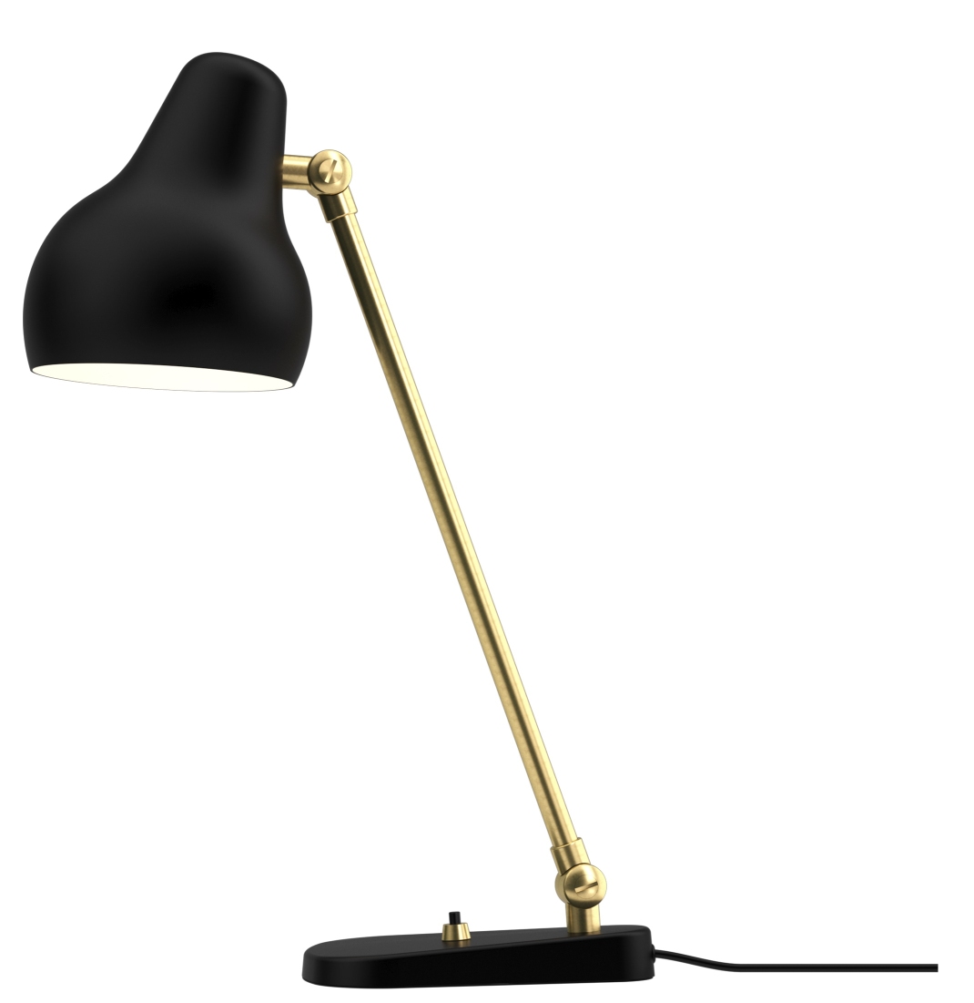 Schwarze VL38 Tischleuchte von Louis Poulsen mit goldenem Arm, moderne Schreibtischlampe für Büro und Zuhause.