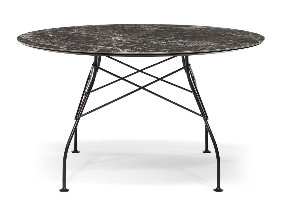 Runder Glossy Tisch mit marmorierter Steinzeugplatte in Brown Emperador und schwarzem Metallgestell.