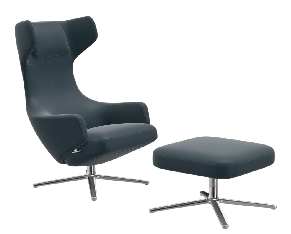 Grand Repos Sessel mit Ottoman in Rauchblauem Leder und Kontrastnaht von Vitra.