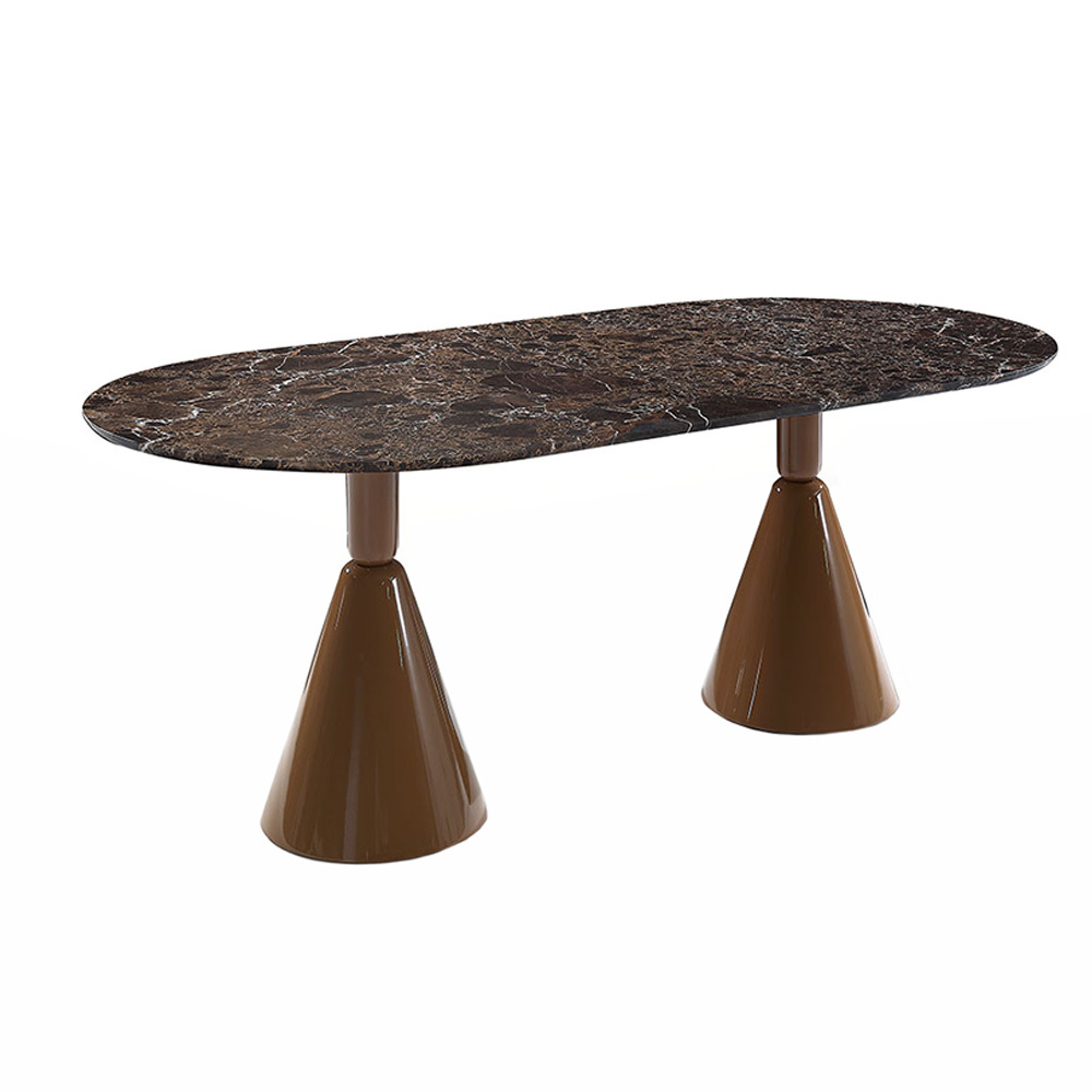 Pion Esstisch mit brauner Marmorplatte und konischen Beinen, modernes Design für Esszimmer.