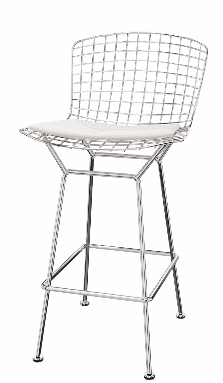 Bertoia Barhocker von Knoll International: Verchromter Draht-Barstuhl mit weißem Sitzkissen. Modernes Design für Küche und Bar.