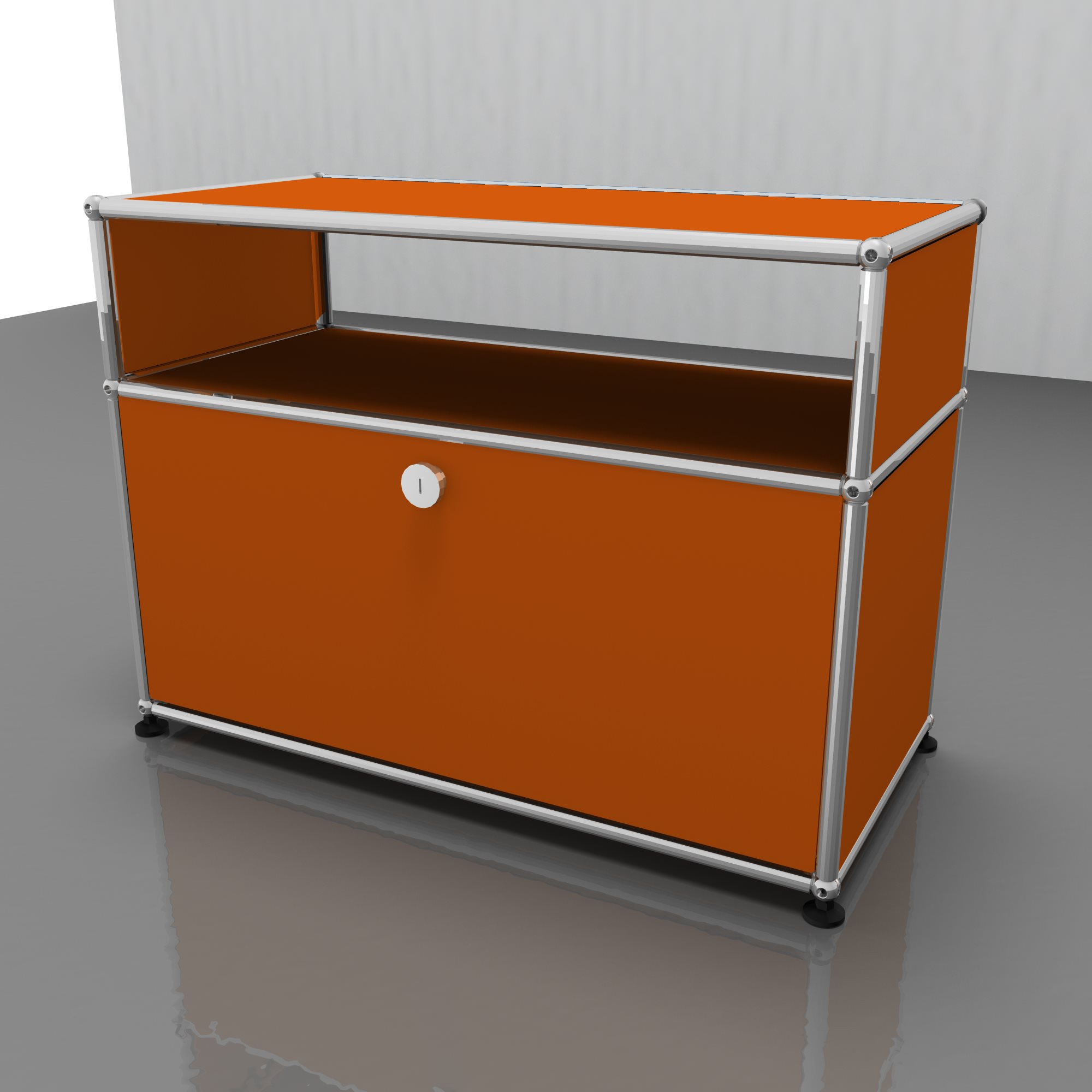 USM Haller Beistelltisch in Reinorange mit Schublade und verchromtem Gestell, modernes Designmöbel für Wohnzimmer.