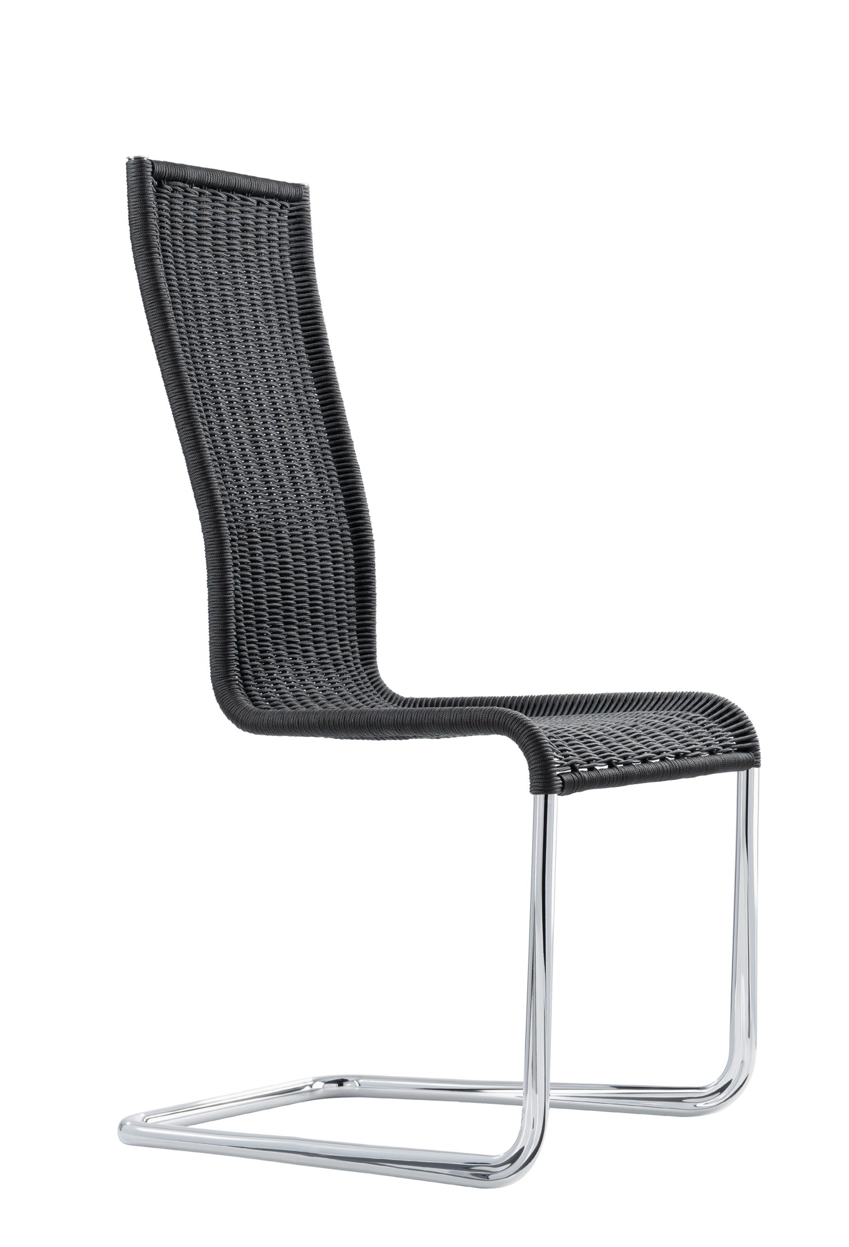 B25 Kragstuhl von Tecta, schwarzes Geflecht, verchromtes Stahlrohrgestell, moderner Freischwinger Stuhl.