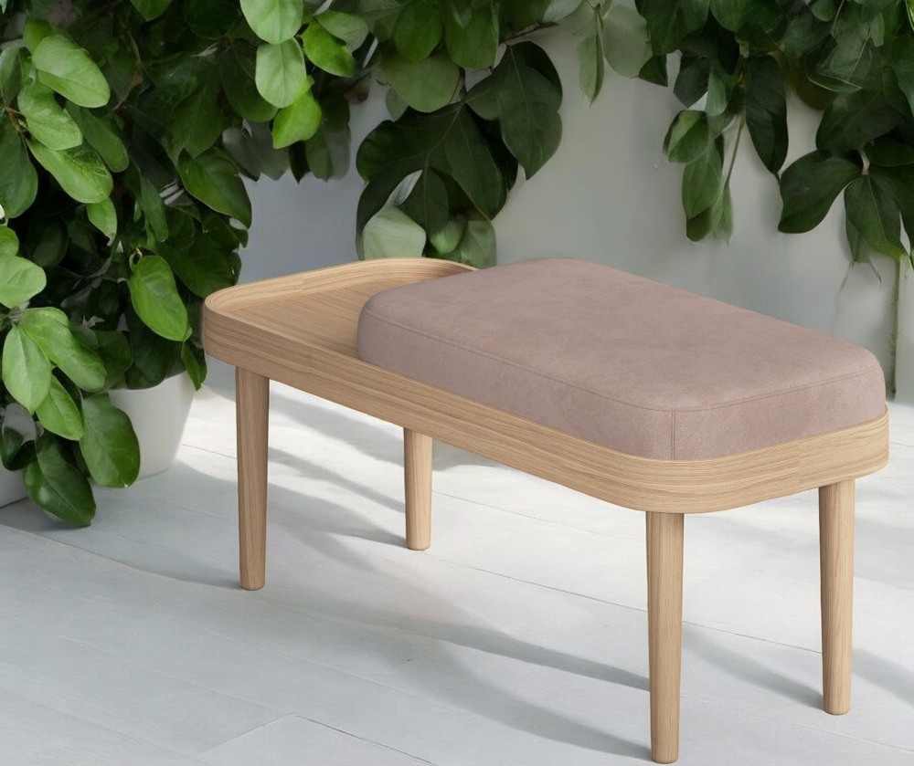 Serena Bank Eiche natur mit weißem Nubbio Polster, moderne Sitzbank für Wohnzimmer und Flur.