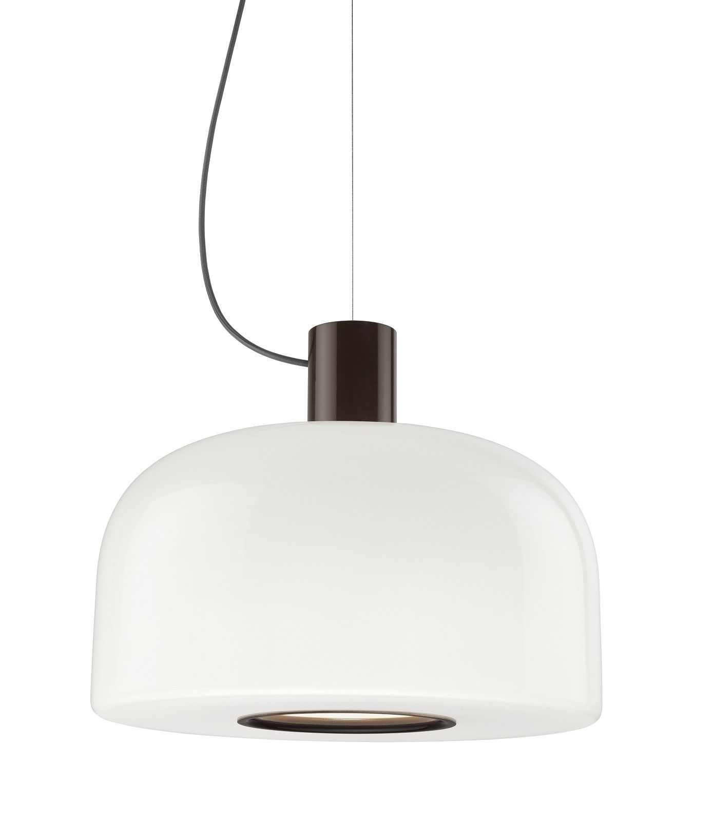 Weiße Bellhop Pendelleuchte von Flos mit braunem Baldachin und warmem Lichtschein, moderne Innenbeleuchtung.