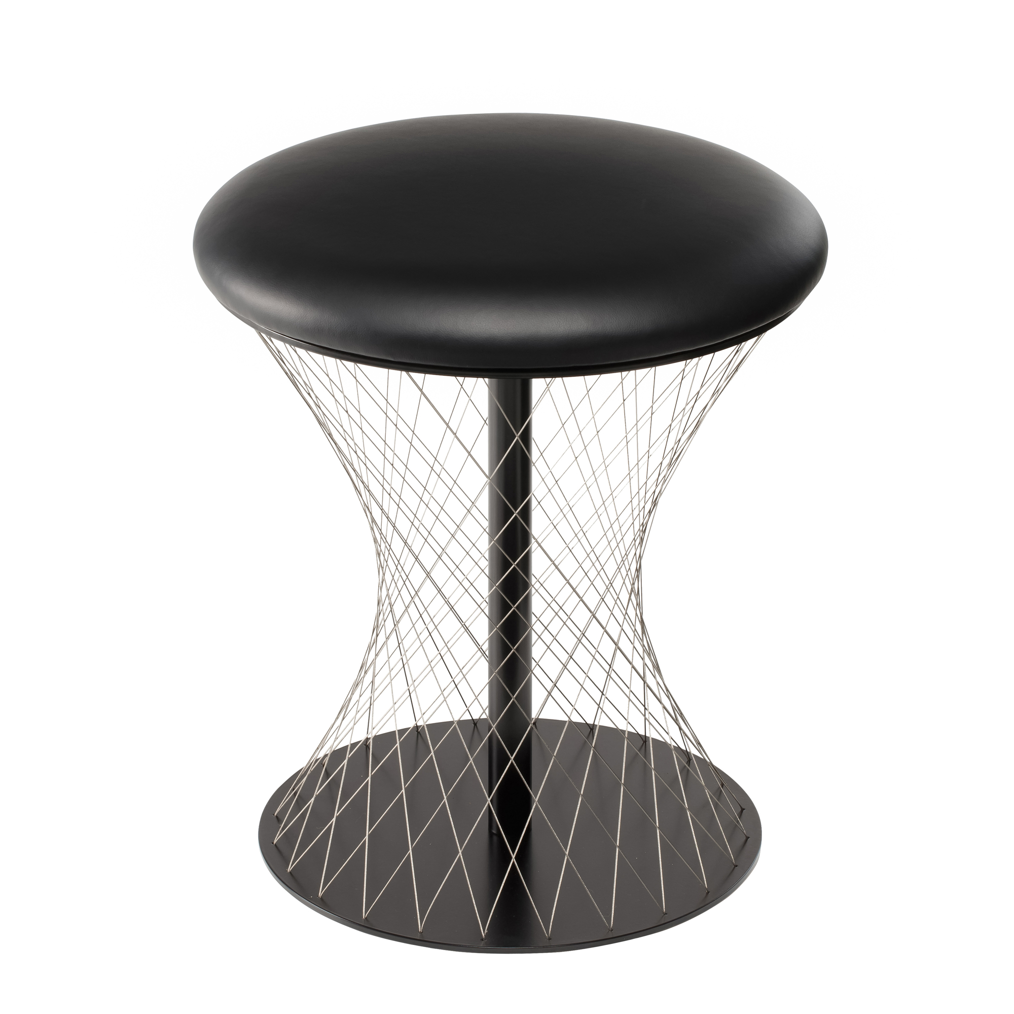 Schwarzer Network Stool Hocker mit Drahtgestell und gepolsterter Sitzfläche, modernes Design für Wohnzimmer und Büro.