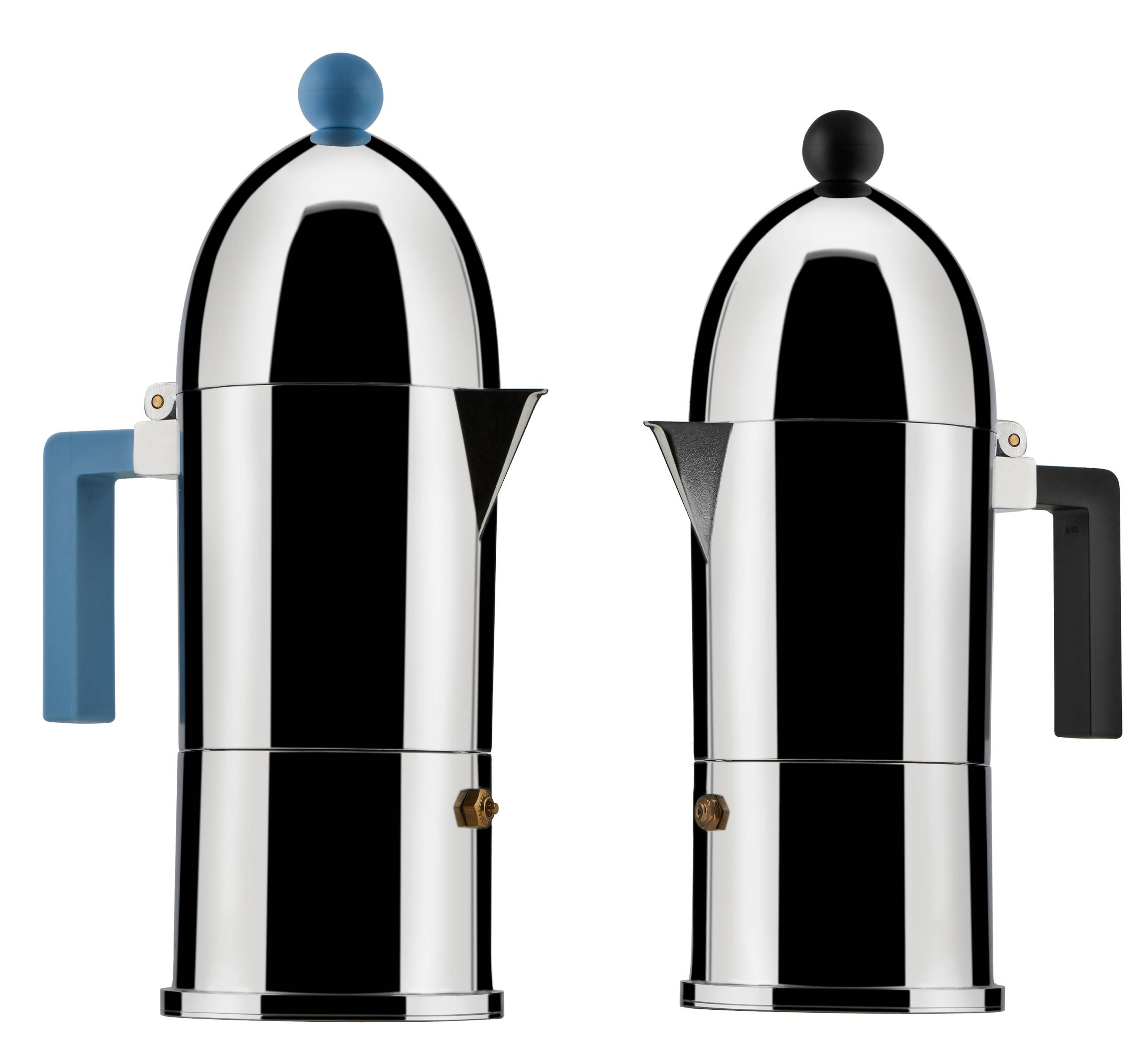 Zwei Alessi La Cupola Espressokocher aus Edelstahl, einer mit hellblauem Griff und Knopf.