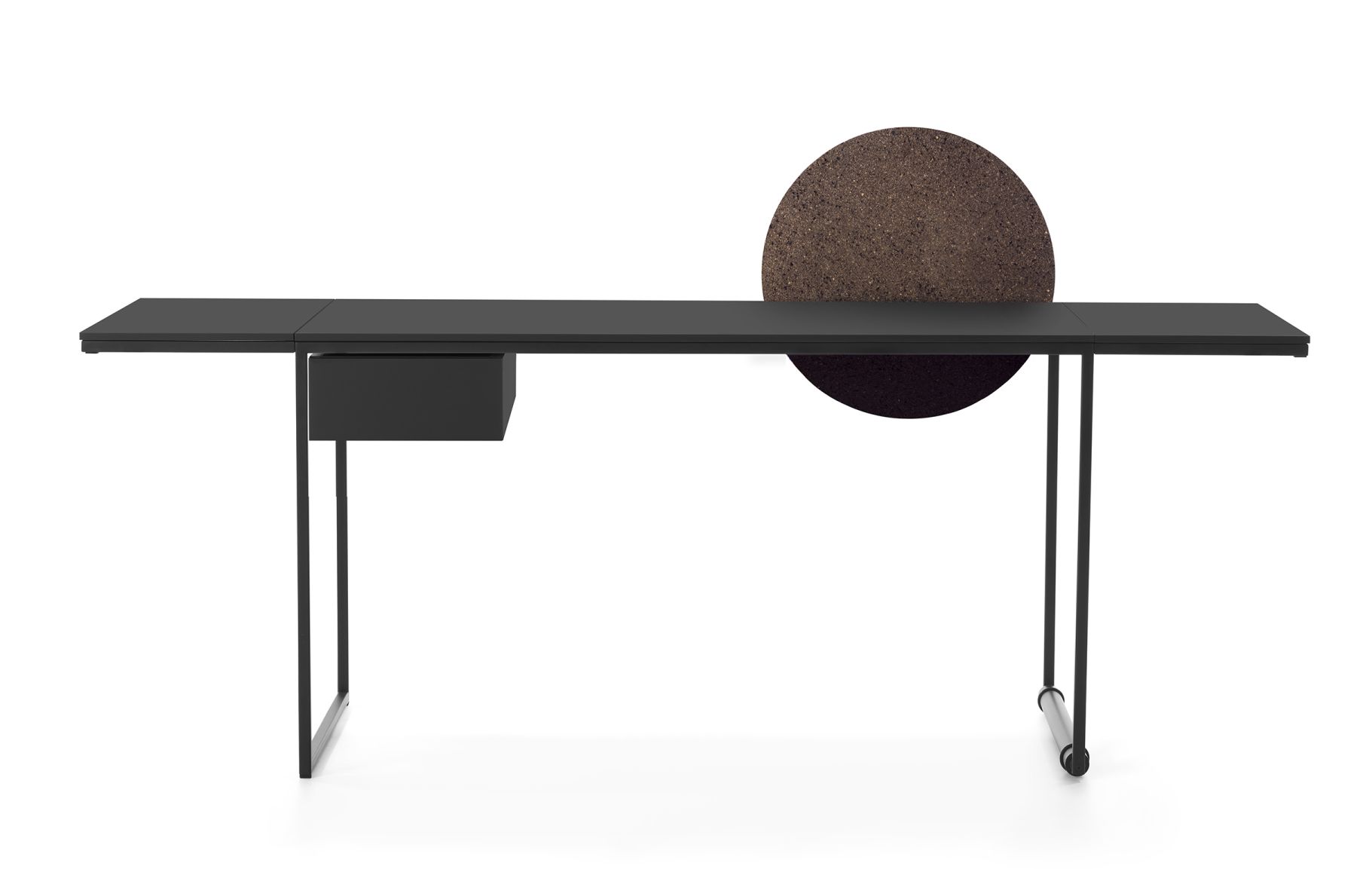 Schwarzer Macis Schreibtisch mit Schublade und runder Pinnwand aus Kork, modernes Design.