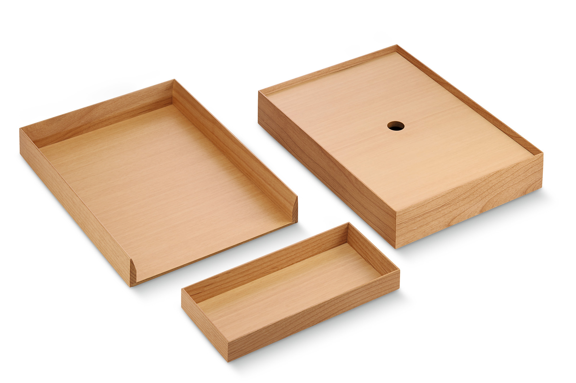 Philippi Script Dokumentenbox: Geöffnete Holzbox mit Deckel und kleiner Schublade für Büroorganisation und Aufbewahrung.