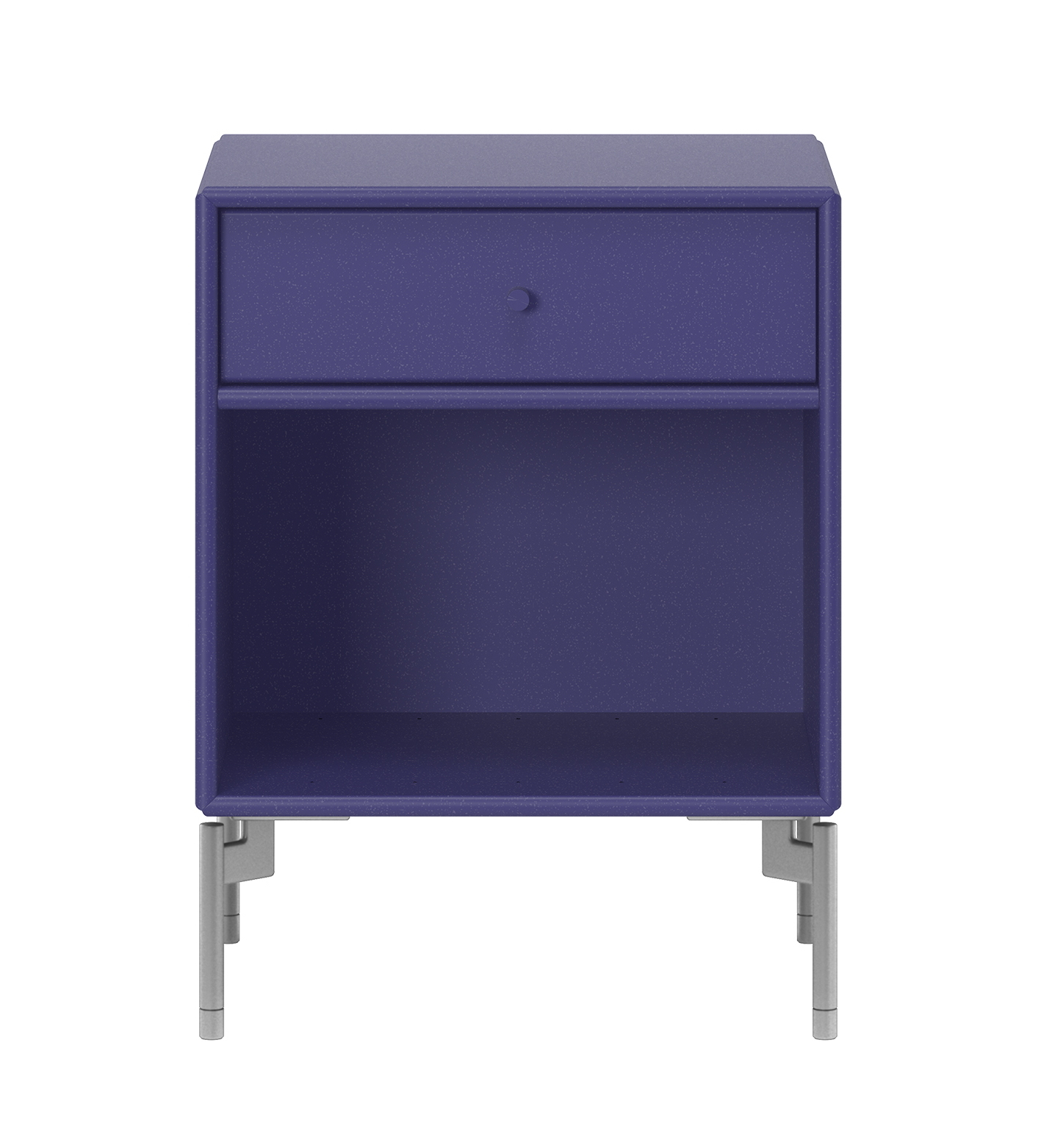 Lila DREAM Nachttisch mit Schublade und Ablagefach auf silbernen Füßen.