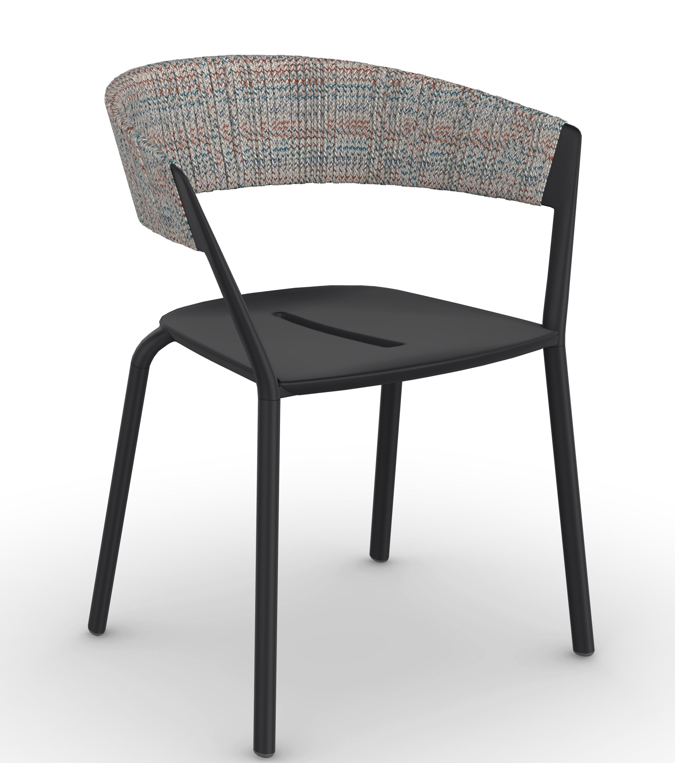Schwarzer Ria Stuhl mit Armlehnen und gemustertem Stoffbezug. Moderner Designstuhl für Esszimmer und Wohnbereich.