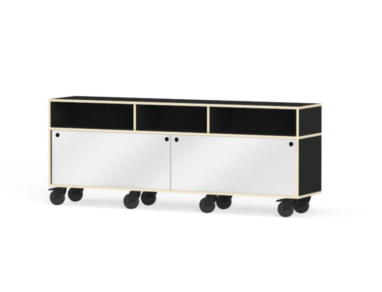 Egal Rockboard Sideboard von Nils Holger Moormann: Schwarzes Sideboard mit weißen Türen und Rollen.
