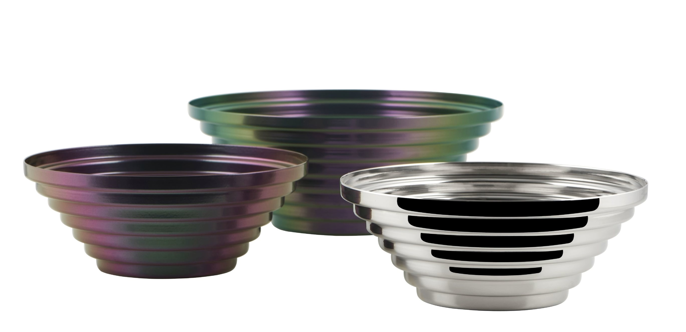 Alessi Maya Schale, rund, in Grün-Lila und Silber, dekorative Schale für Obst und Snacks.