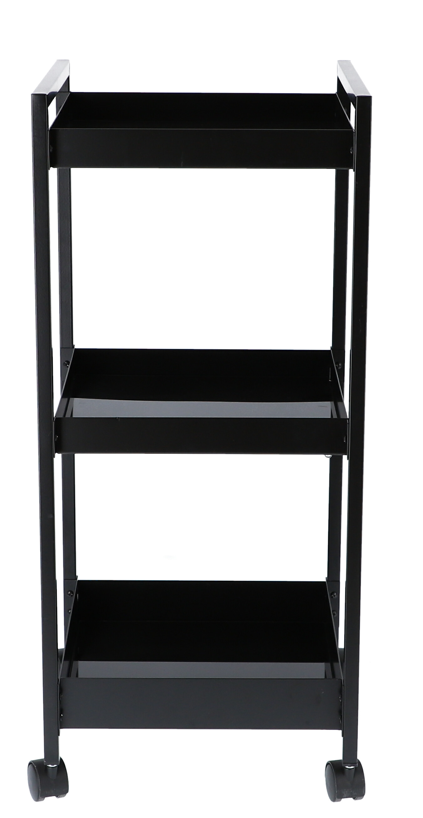 Schwarzer Servierwagen "Butler S" von Jan Kurtz mit drei Ablageflächen und Rollen.