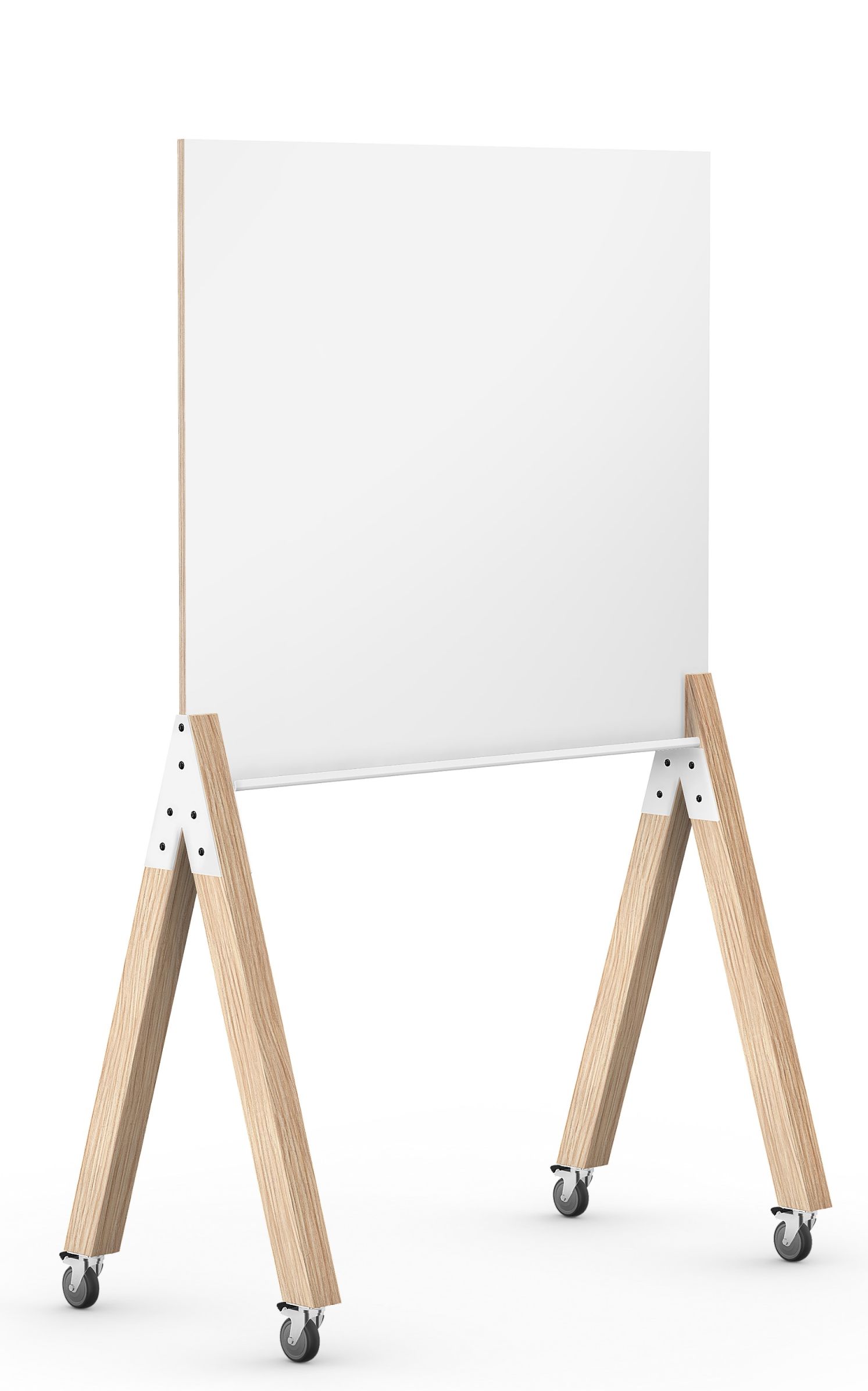 What if We Fly Taskboard: Freistehende, mobile Medienwand mit Whiteboard und hellem Holzgestell auf Rollen.