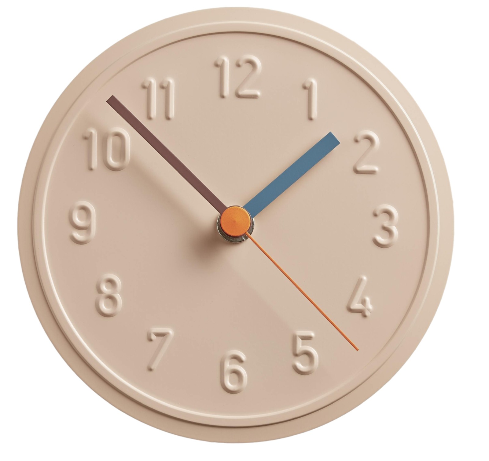 Alu Alu Wanduhr in Pfirsich Pastell von Richard Lampert, moderne Küchenuhr aus Aluminium.