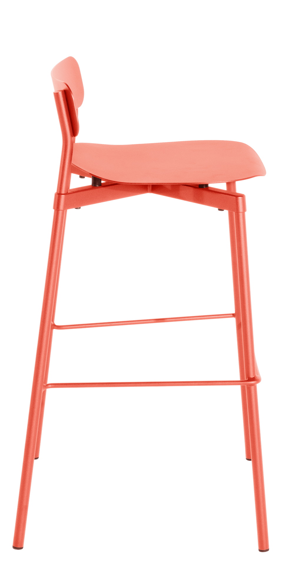 Fromme Barstool Hocker in Koralle: Moderner Barstuhl mit Rückenlehne und filigranem Metallgestell.