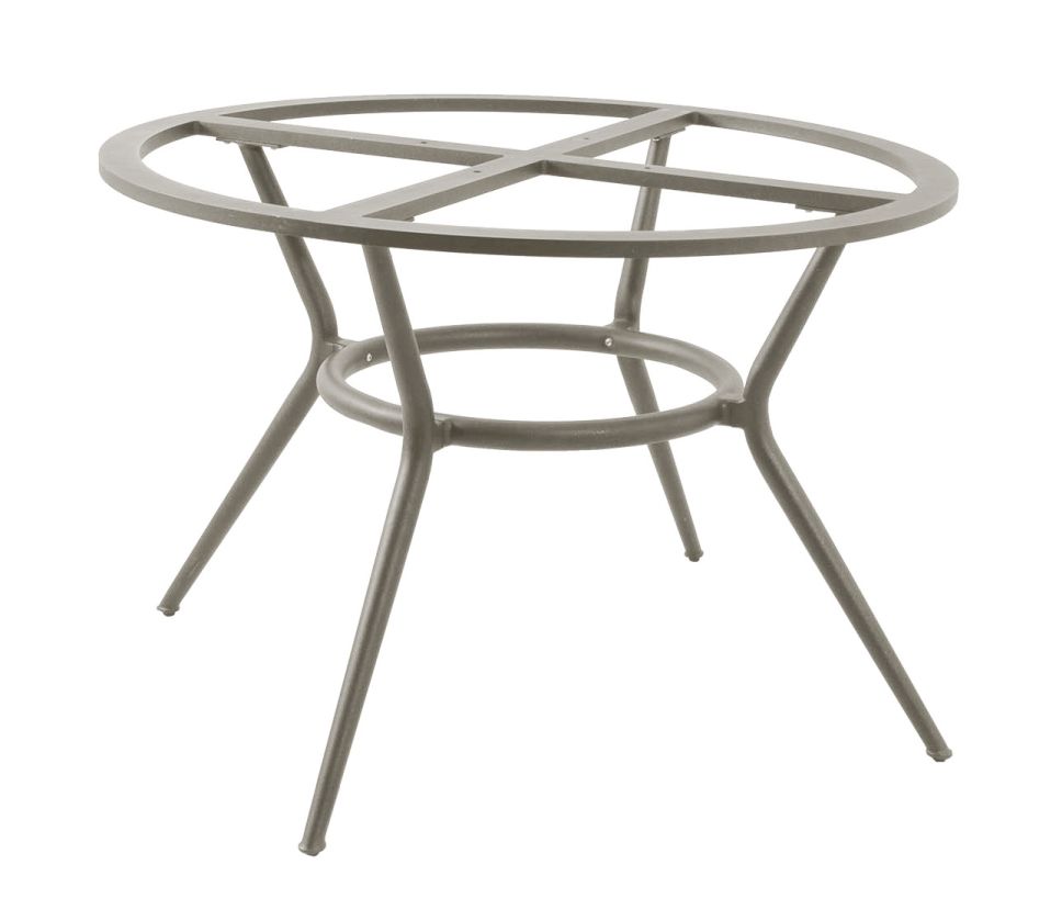 Joy Outdoor Esstisch: Taupefarbenes Gestell eines runden Gartentisches von Cane-Line. Fokus auf das Tischgestell.