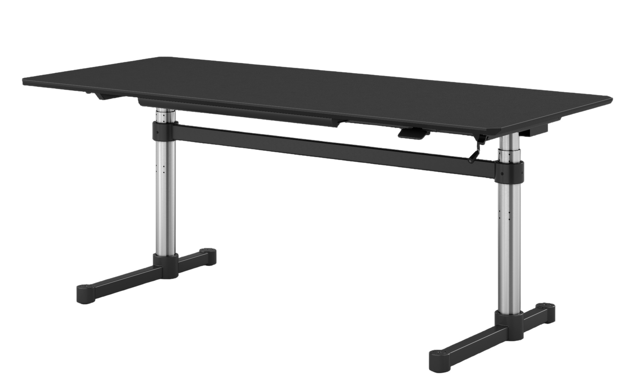 USM Haller Kitos M Schreibtisch mit schwarzer Linoleum-Tischplatte und höhenverstellbarem Gestell aus Chrom und Schwarz.