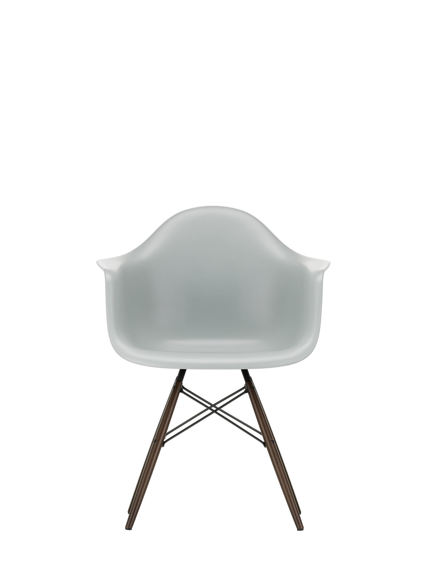 Vitra Eames Plastic Arm Chair DAW Stuhl in Hellgrau mit Esche-Holzgestell, Frontansicht.