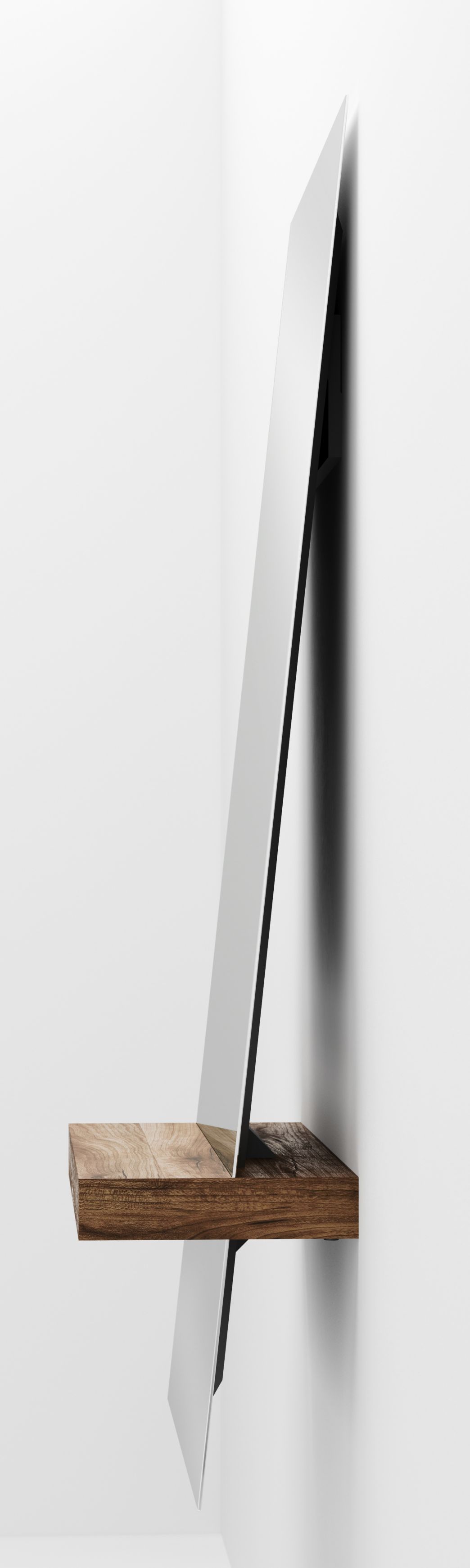 Guillotine Spiegel mit Walnuss-Holzablage, rechteckig und modern für Wandmontage im Badezimmer.