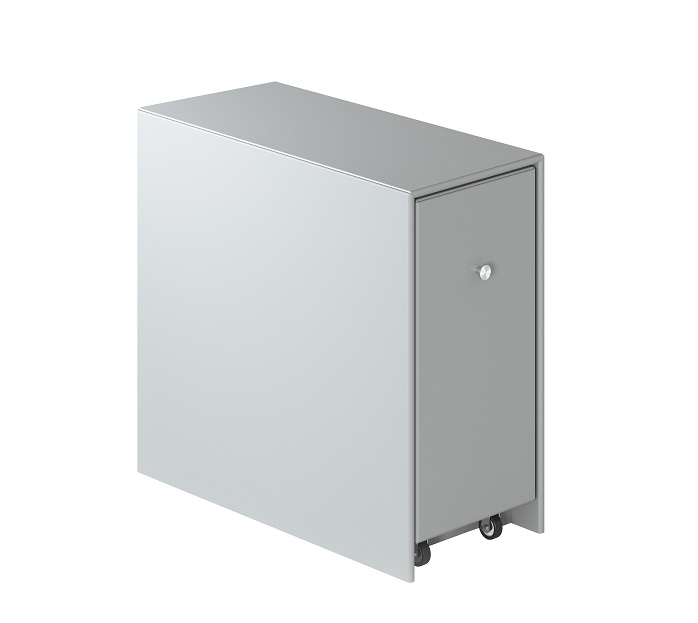 Silbernes Cargo Modul 80 Schrank-System von Montana mit Tür und Rollen. Moderner Schrank für Büro oder Wohnraum.