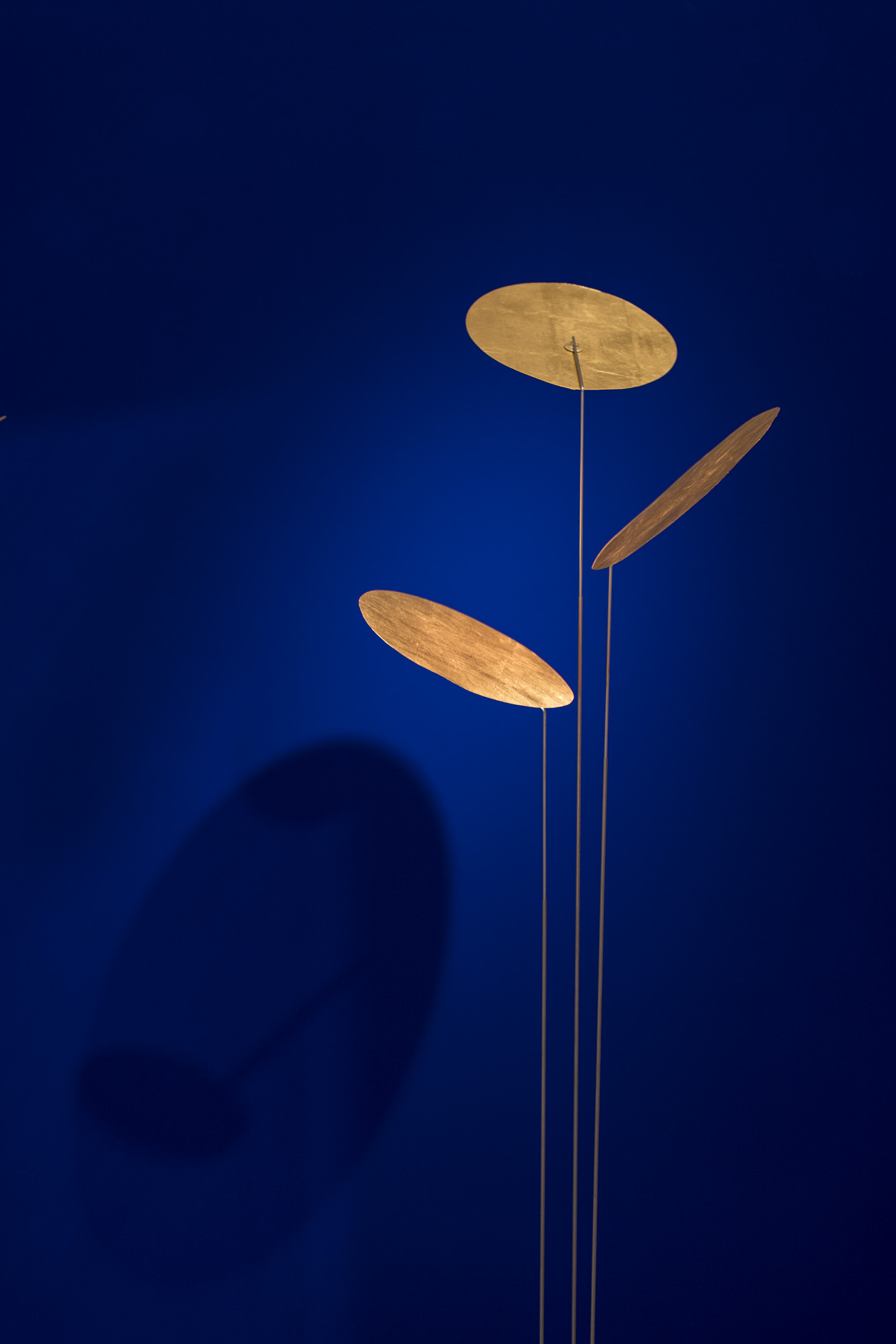Nuunu Stehleuchte von Ingo Maurer: Goldene Blätter auf schlanken Stäben vor blauem Hintergrund.