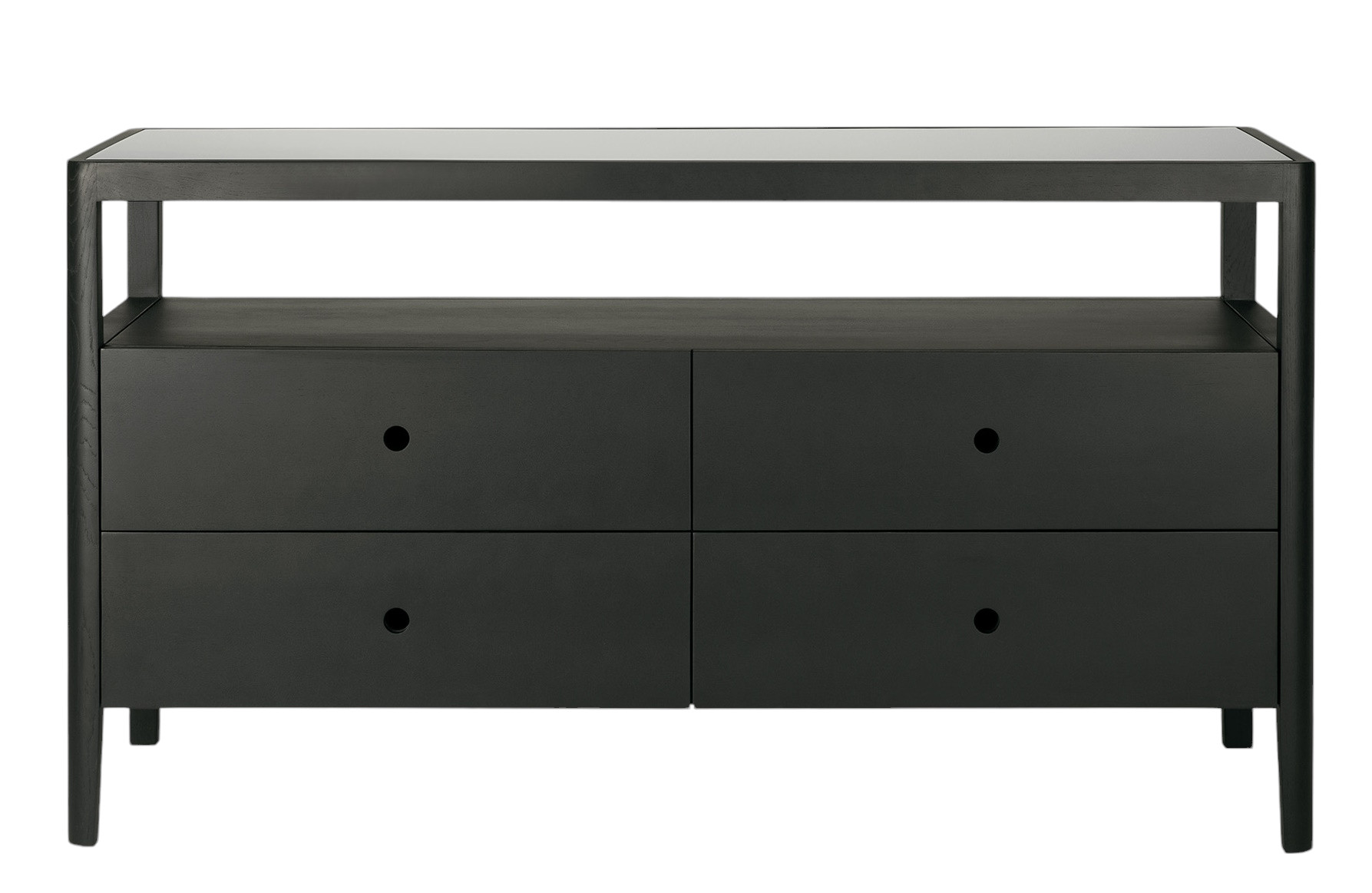 Ethnicraft Spindle Kommode: Schwarze Eiche Kommode mit vier Schubladen und minimalistischem Design.