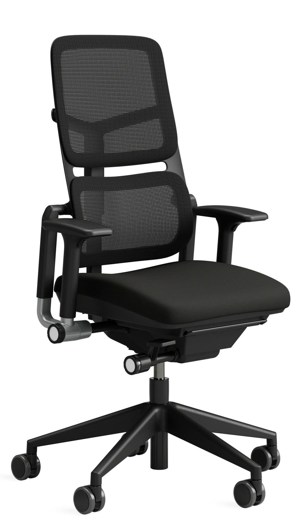 Schwarzer Steelcase Please Air Bürostuhl mit Netzrücken und verstellbaren Armlehnen für ergonomisches Sitzen.