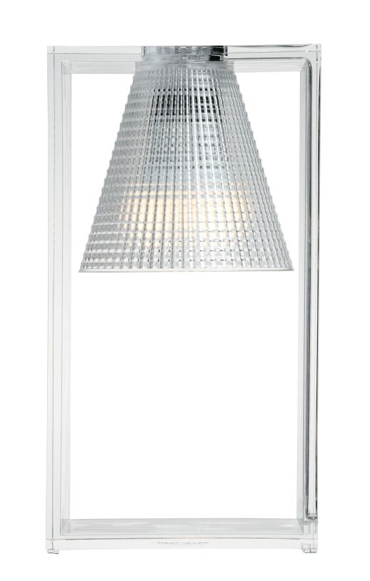 Light-Air Tischlampe von Kartell, durchsichtig, mit rechteckigem Rahmen und geriffeltem Lampenschirm.