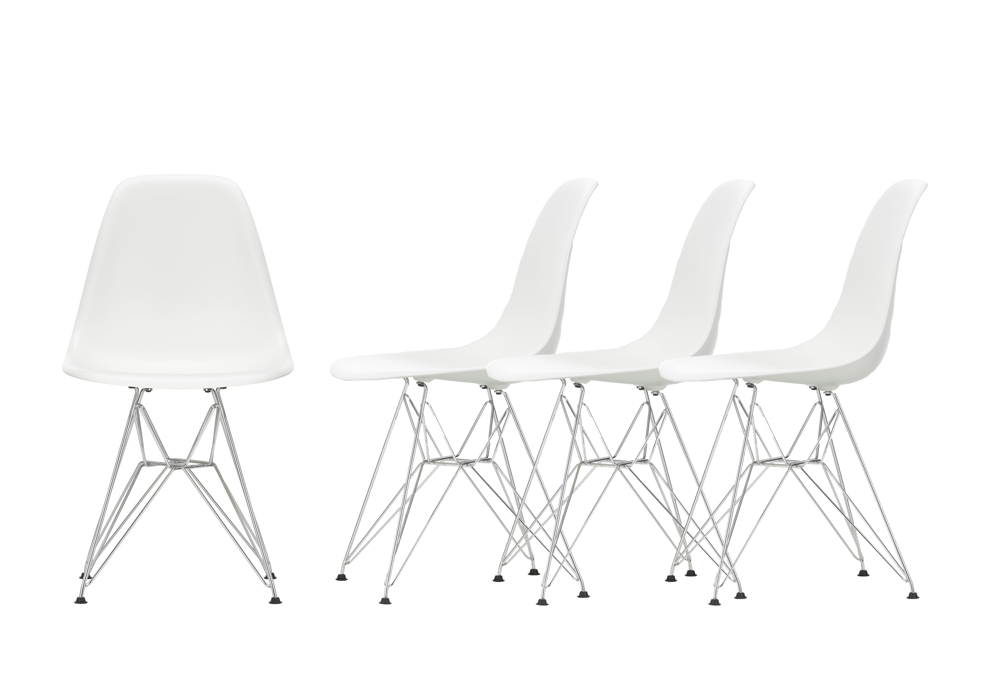 Vitra Eames DSR Stuhl 4er Set Aktion, weiße Kunststoffschale mit verchromtem Drahtgestell.