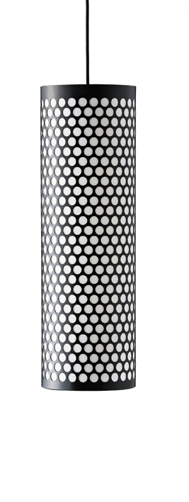 Pedrera ANA Pendelleuchte von Gubi, schwarzer, zylindrischer Lampenschirm mit Lochmuster, moderne Hängelampe.